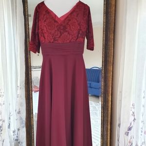 Burgundy Maxi Gown with Lace and 3/4 Sleeves
